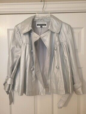 Silver Women's Double Breasted Genuine Leather Jacket, Women's M
